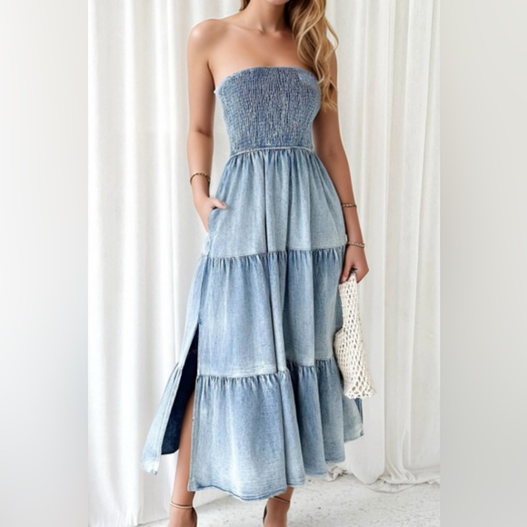 Risen Jeans Dresses & Skirts - RISEN Smocked Tube Slit Tiered Elegant Blue Jean Strapless Midi Dress